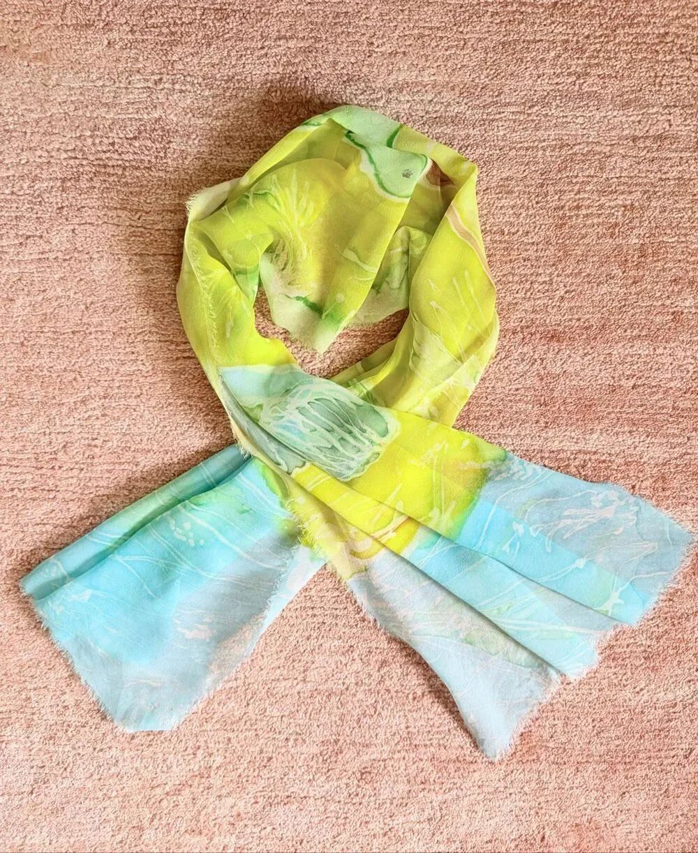Bright Abstract Silk-Feel Scarf / Wrap – Green Blue Yellow